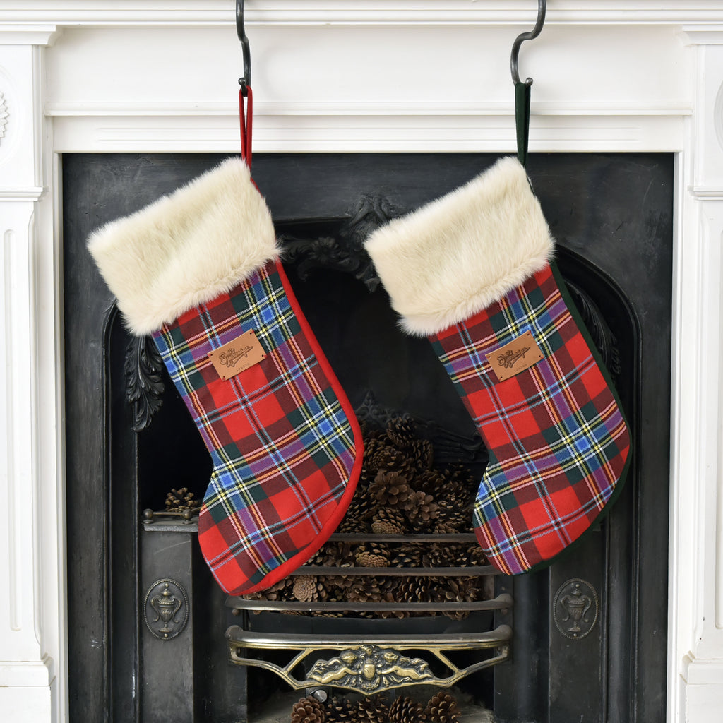 Matching Luxury Tartan Christmas Stocking made from Scottish tartan wool and  huggable ivory faux fur
