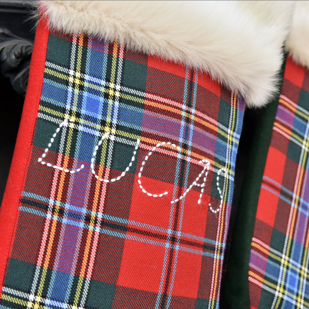 Personalised Tartan Christmas Stocking with white hand-stitching, Modern design Holiday Stocking