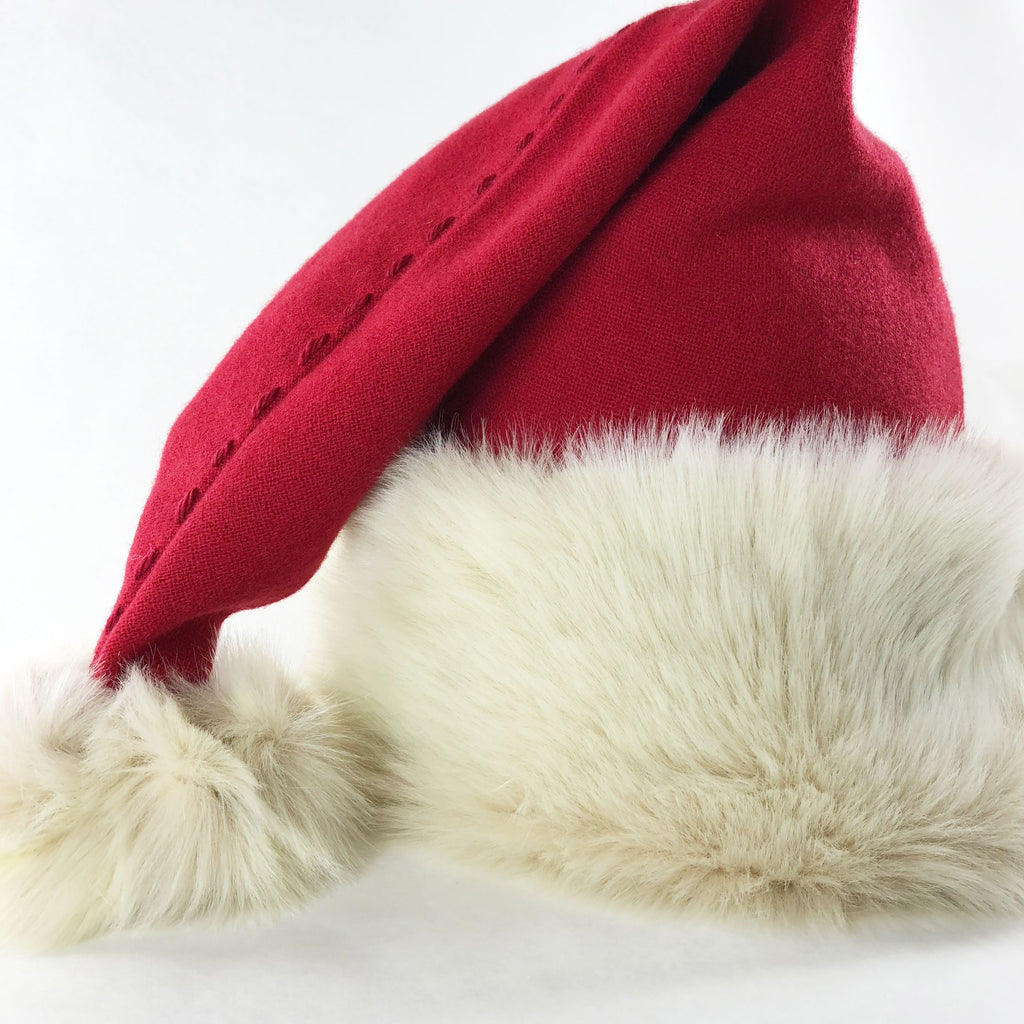 High end handmade Santa hat with beautiful hand-stitched details, perfect for Christmas parties, available in 3 sizes.