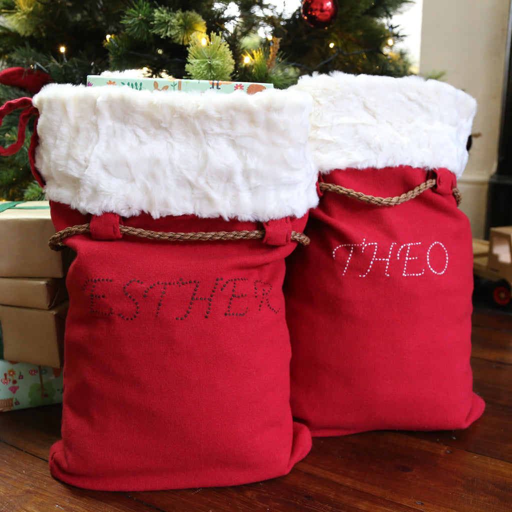 Large Santa sacks with Handmade personalisation in white and brown thread wool thread