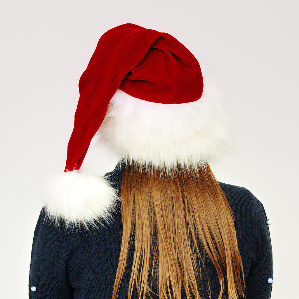 High-end Christmas hat handmade from velvet and white faux fur