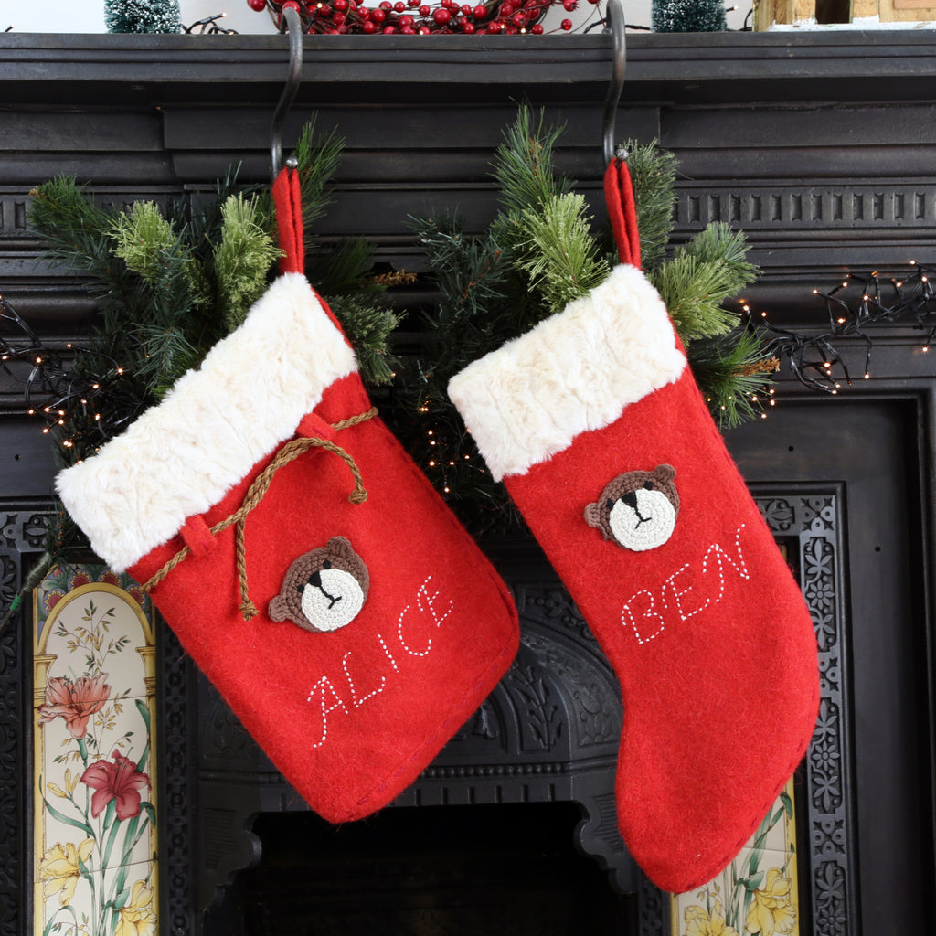 Limited edition Santa sack with hand made crochet Teddy Bear motif stitched on the front of the sack