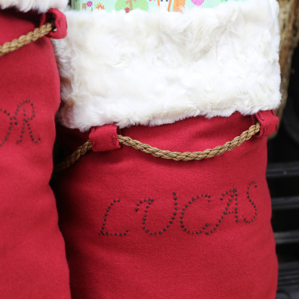 Personalised Santa sack in brown thread for Lucas
