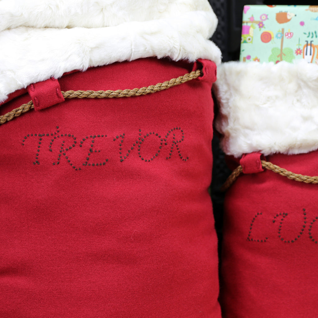 Hand-stitched high quality Santa sack personalised for children at Christmas