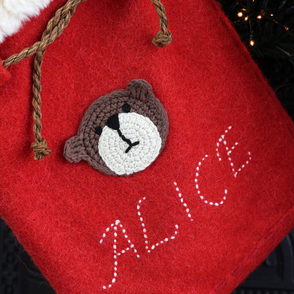 Limited edition Christmas sack with crochet Teddy bear personalised for Alice